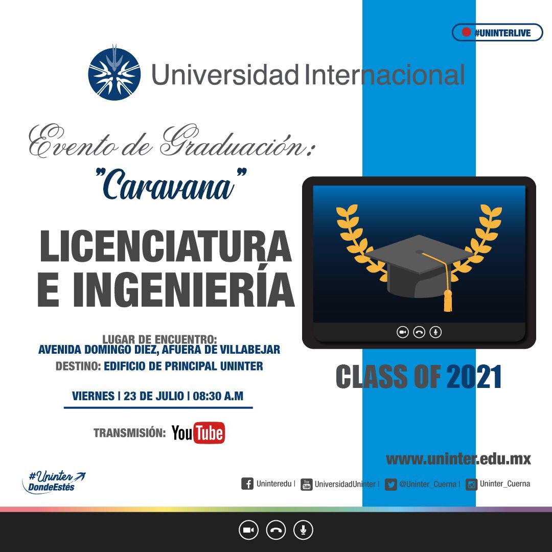 Uninter_Cuerna's tweet image. La Universidad Internacional te invita  a la Caravana de Graduación. 
23 de julio| 8:30 am. 
En Av. Domingo Diez, Hotel VillaBejar, con destino a las instalaciones del Edificio Principal para la entrega de diplomas.
Sigue la transmisión en: youtube.com/channel/UC3ATb…
#PromUninter