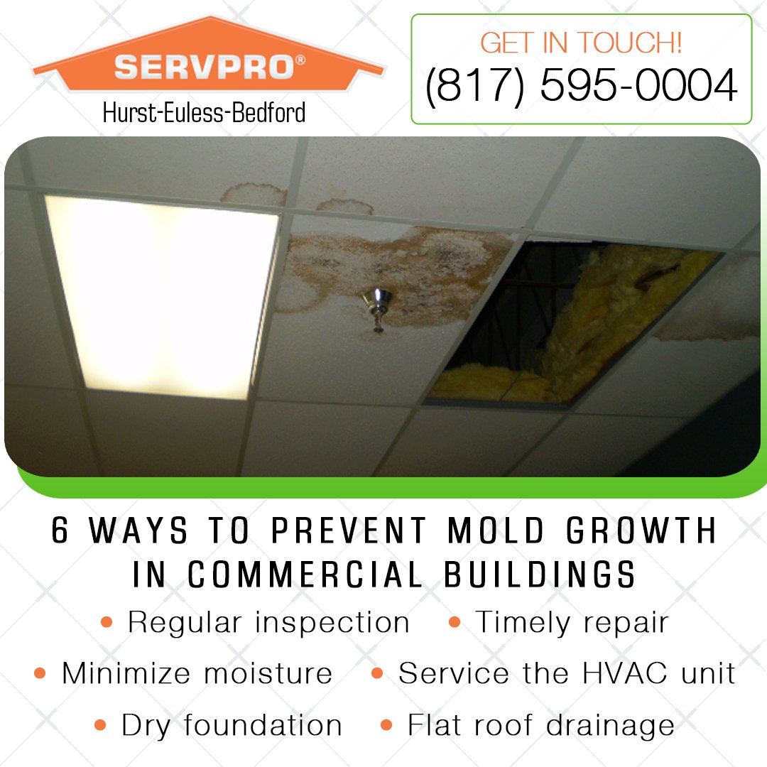 Mold can be controlled through regular commercial building maintenance and inspections combined with the proper design, installation, and maintenance of commercial HVAC systems. For commercial cleaning services and mold removal, call us at (817) 595-0004. #servpro