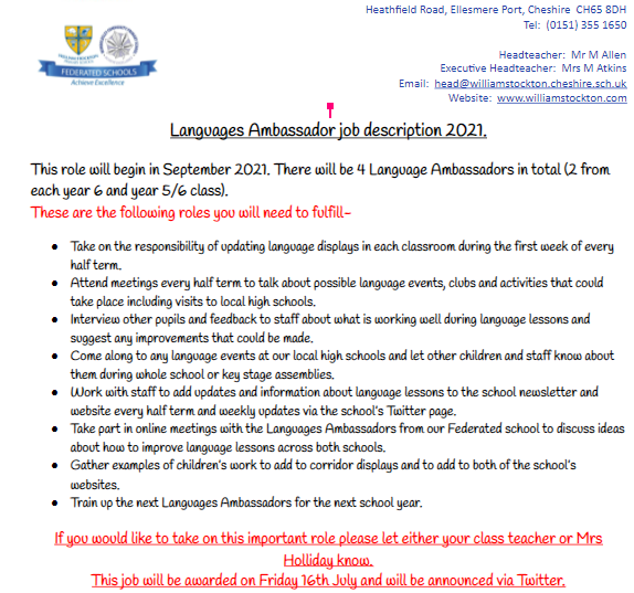 Calling all year 5 children!!!! Let Mrs Holliday if you'd like to take on the Language Ambassador role next year! There are lots of opportunities here for the right person!! Successful candidates will be announced on Monday <a href="/class5_W/">Class 5W</a> <a href="/Class5_6W/">Class 5/6W</a> <a href="/school_ws/">WIlliamStockton</a>. Good luck!🌍🇪🇺