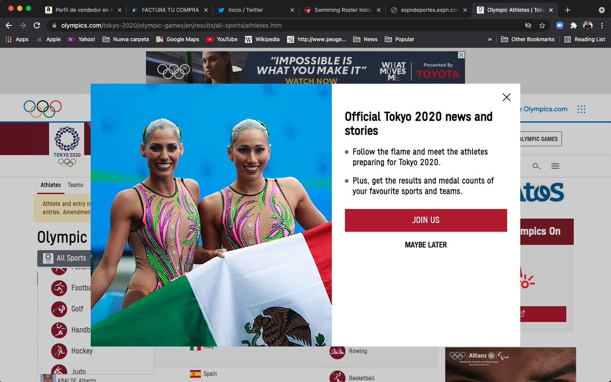 Las nadadoras artísticas <a href="/NuriaDiosdado/">Nuria Diosdado</a> y <a href="/karemachach/">Karem Achach</a> aparecen al ingresar a la página oficial de los #JuegosOlímpicos #Tokyo2020. Cada vez más cerca, ya sólo nueve días. #TokyoNosUne.  Nuria ahora participa con <a href="/JoanaJimenezMX/">Joana Betzabe Jimenez OLY</a> y Karem ya retirada pero activa en  política.