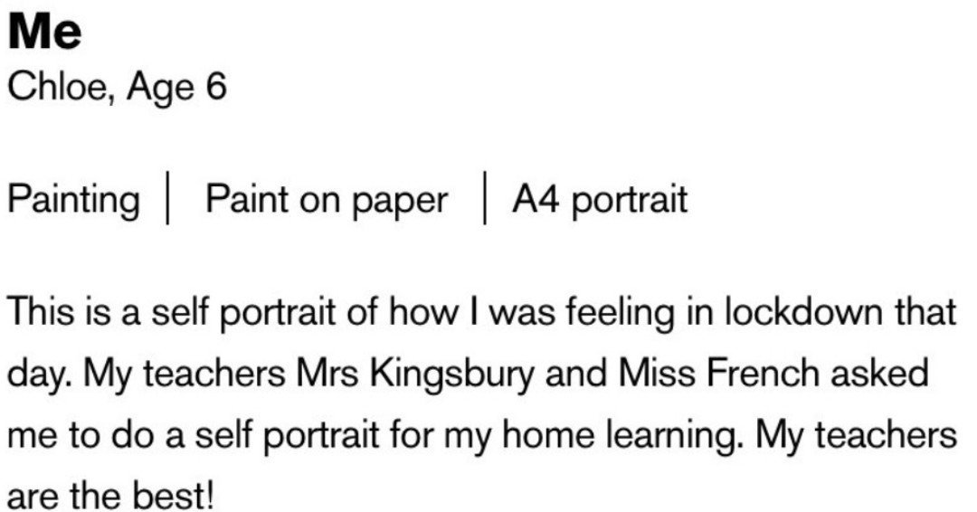 BalfourSchool's tweet photo. We are so proud of YR 2 pupil Chloe Brydon who was entered into a competition for the @royalacademy of Arts. They had over 33,000 entries &amp; her self portrait was chosen for the online exhibition!

Visit Chloe's entry in the gallery here https://t.co/PEYvQuyn1W

#RAYoungArtists https://t.co/nod28JsHqX