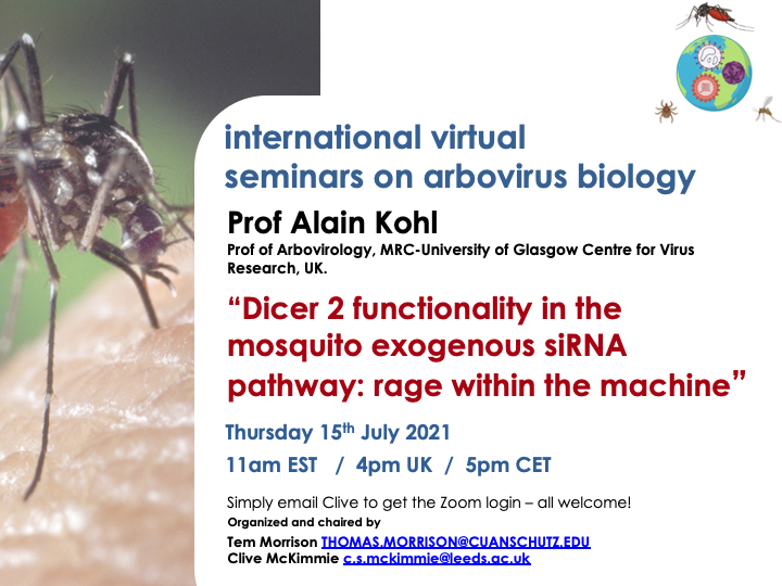 Please join us tomorrow July 15th for the next International Virtual Seminar on Arbovirus Biology. Alain Kohl will be presenting!
