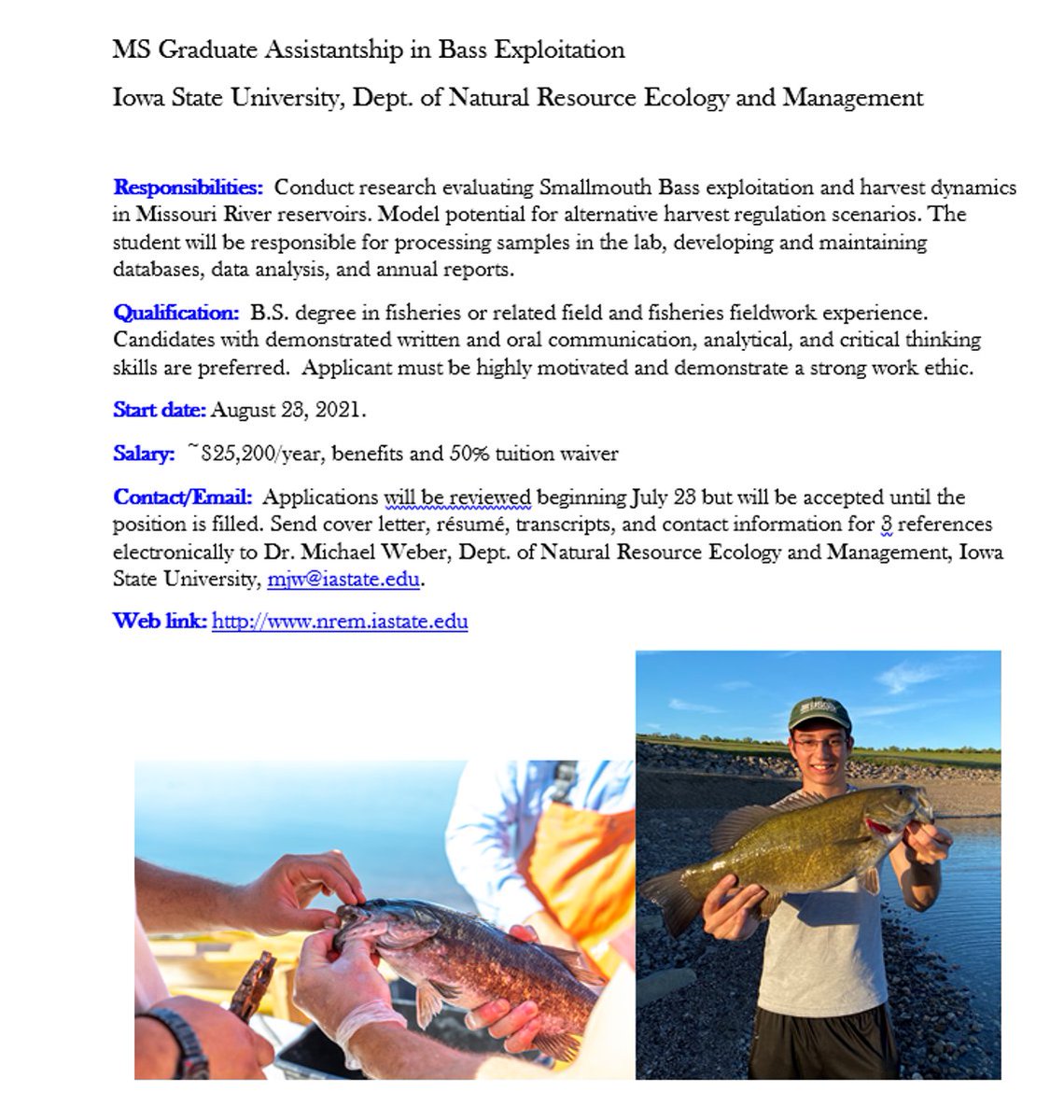 🚨MS Grad Assistantship in Bass Harvest!!!!🚨

Like Smallmouth Bass? (&amp; who doesn't!!!😃)

Come earn a MS degree with us assessing exploitation of #bass in Missouri River reservoirs!  

Application review begins July 23 but accepted until position is filled.  Aug 23 start date