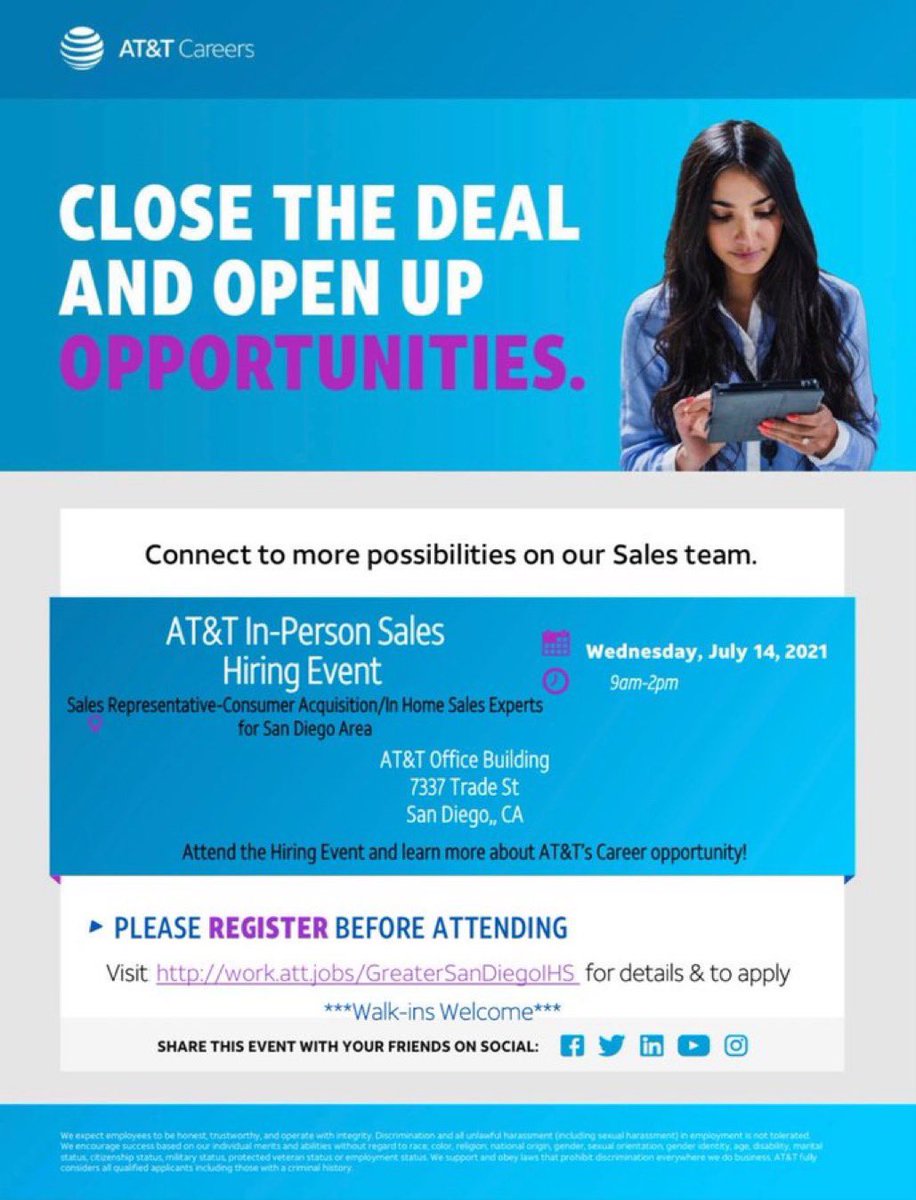 Good Morning ☀️

📣LAST CALL📣 

San Diego IHX Sales Hiring Event taking place TODAY‼️ 

🕦9 AM- 2 PM
📍7337 Trade St San Diego 

Don’t forget your resumes 📝
