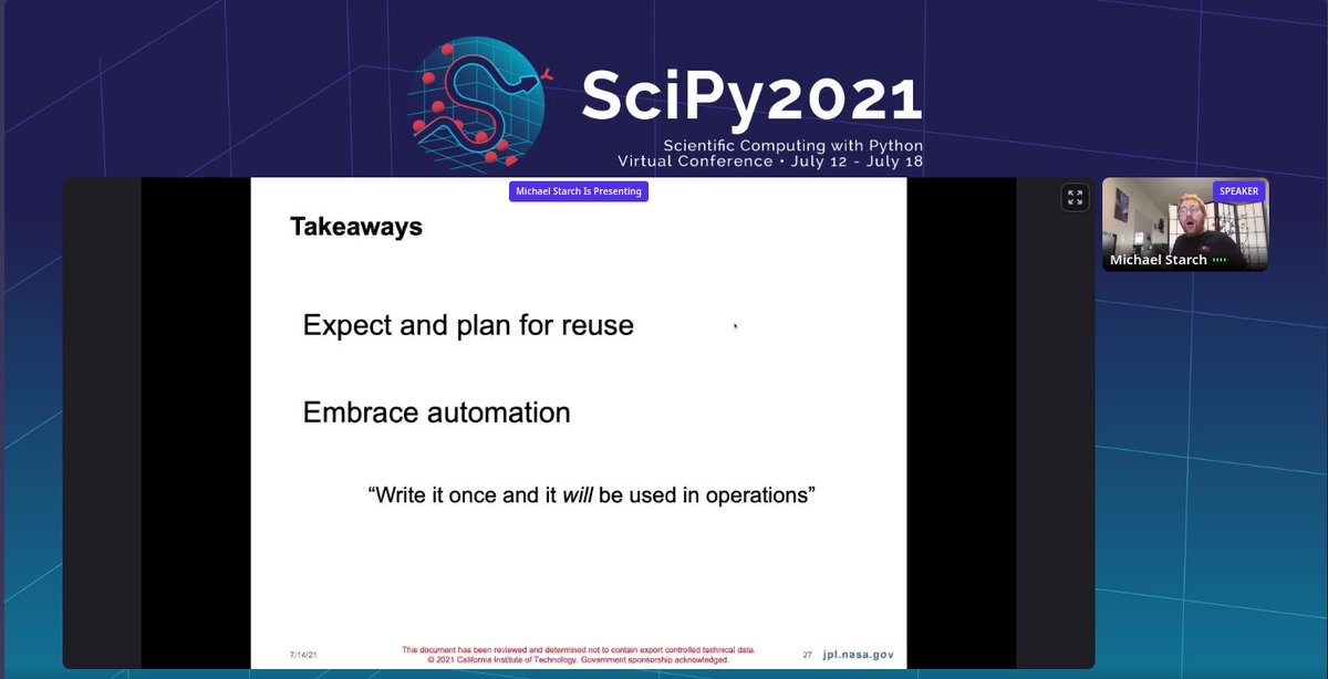 100% in agreement with <a href="/NASAJPL/">NASA JPL</a>'s Michael Starch's #SciPy2021 keynote takeaway! Plan for reuse when you build software and embrace automation. Such excellent advice!