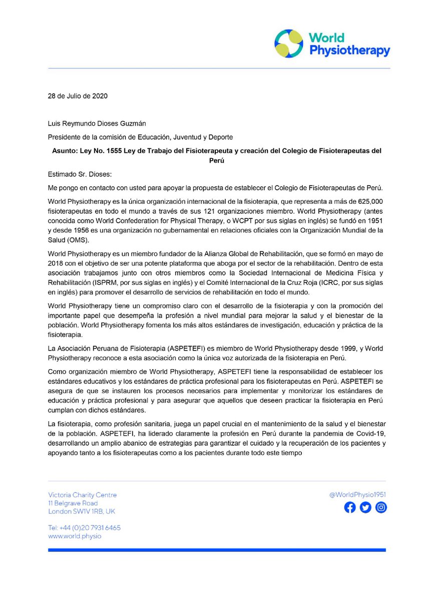 ASPEFISIO's tweet photo. Confederación Mundial de Terapia Física WCPT APOYA #PL6482 
@partidomorado
@BancadaMorada 
@AlbertoBelaunde @CostaGino @FSagasti @danielfolivares @ZENAIDASOLISG

@JoseVegaUPP @rubenpantojac @YessicaApaza6 @RubenRamosZapa1 @HectorMaquera6 @EdgarAlarconT https://t.co/TVo2olVo6t