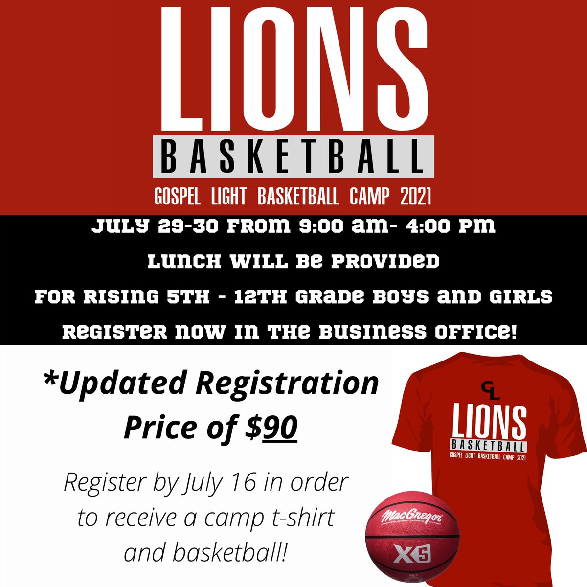 GLCS_Lions's tweet photo. This Friday is the registration deadline for campers to receive a camp t-shirt and camp basketball!

We have also updated the registration price to $90 for the basketball camp! If you have already registered, contact the school office about the updated registration price. https://t.co/8MKbUQq26b