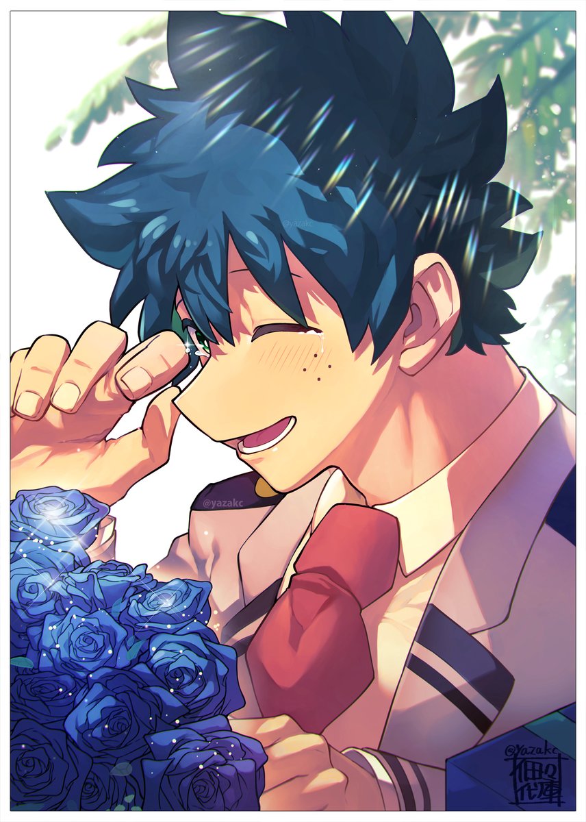 midoriya izuku 1boy u.a. school uniform male focus necktie flower green hair one eye closed  illustration images