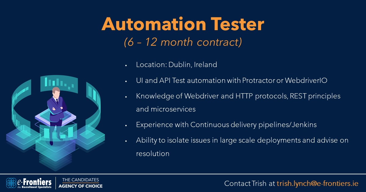 e_frontiers's tweet image. We are on the lookout for an Automation Tester on a 6 - 12 month contract basis. If you are interested in it, please send your CV to trish.lynch@e-frontiers.ie for further details.
lnkd.in/e8i3-sm

#contractingjobs #hiring #automationtesters #Techjobs