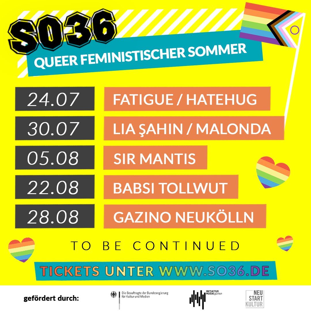 Wir haben wieder geöffnet und starten mit einer #queerfeminist Konzertreihe. Von #hiphop, #punk, #riotgrrrl, #rnb bis #pop ist musikalisch viel dabei. Wir freuen uns auf fantastische #Flinta* auf unserer Bühne. U.a. mit Fatigue, Sir Mantis, Malonda, Lia Şahin, Gazino Neukölln.
