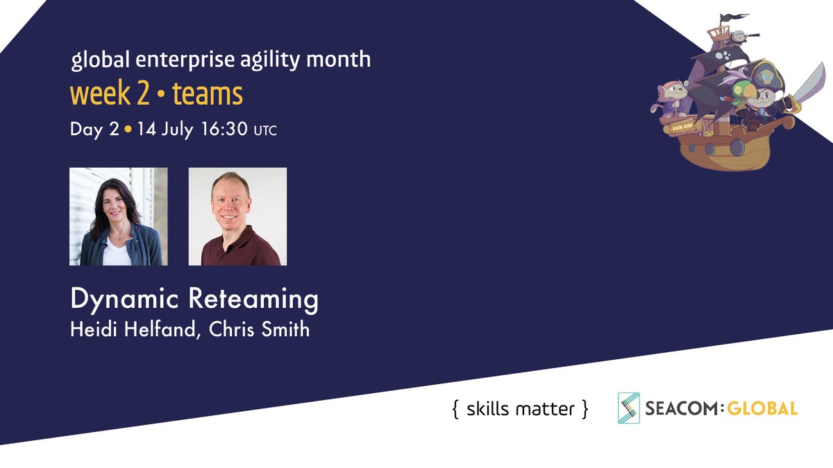 skillsmatter's tweet image. Reminder:
Today's @SEACOMGLOBAL #EnterpriseAgilityMonth session starts a little later (16:30 UTC) so we can welcome @heidihelfand & @cj_smithy
Heidi and Chris will talk about #reteaming and how it can improve an enterprise's ability to adapt.
hubs.li/H0Sfscx0