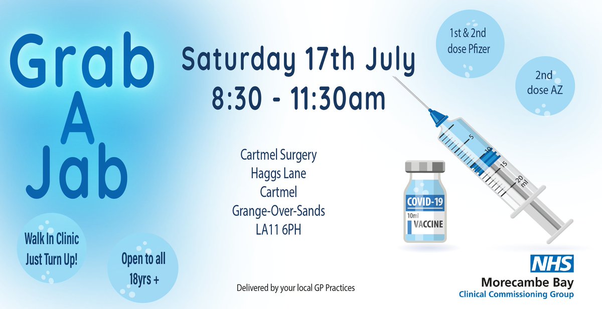 There are two walk-in vaccination clinics in South Cumbria this week so if you're over the age of 18 and you've not yet had your jab - feel free to just drop in.
First and second dose Pfizer and second dose Astra Zeneca available.
Look at below posters for further information.
