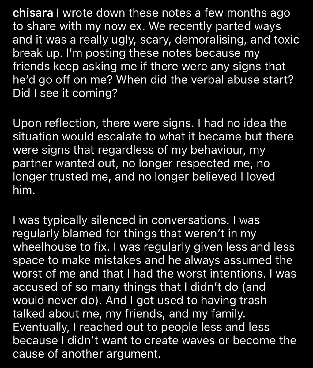 chisology's tweet photo. @Oloni When he told me that being around me made him hate himself, called me an embarrassment repeatedly &amp; then accused me of cheating on him (I didn't), notified all the ppl we collectively knew, &amp; then proceeded to harass me for days till i involved the his parents &amp; the authorities. https://t.co/pEFxrfRuFo