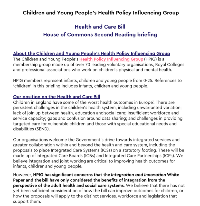 ncbtweets's tweet photo. 📄 Ahead of Second Reading of the Health &amp; Care Bill, the CYP Health Policy Influencing Group have published a briefing setting out concerns that infants, children &amp; young people may become invisible within Integrated Care Systems @CDC_tweets https://t.co/pkUV0yNTnw https://t.co/uyCEqRQRe5