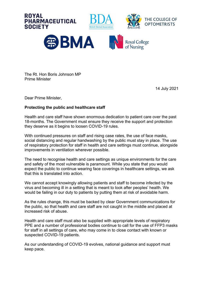 CollegeOptomUK's tweet image. Alongside @rpharms, @TheBDA, @TheBMA and @theRCN we have sent an open letter to the Prime Minister to request guidance is issued to mandate mask wearing in healthcare settings to protect patients, staff and clinically extremely vulnerable people.