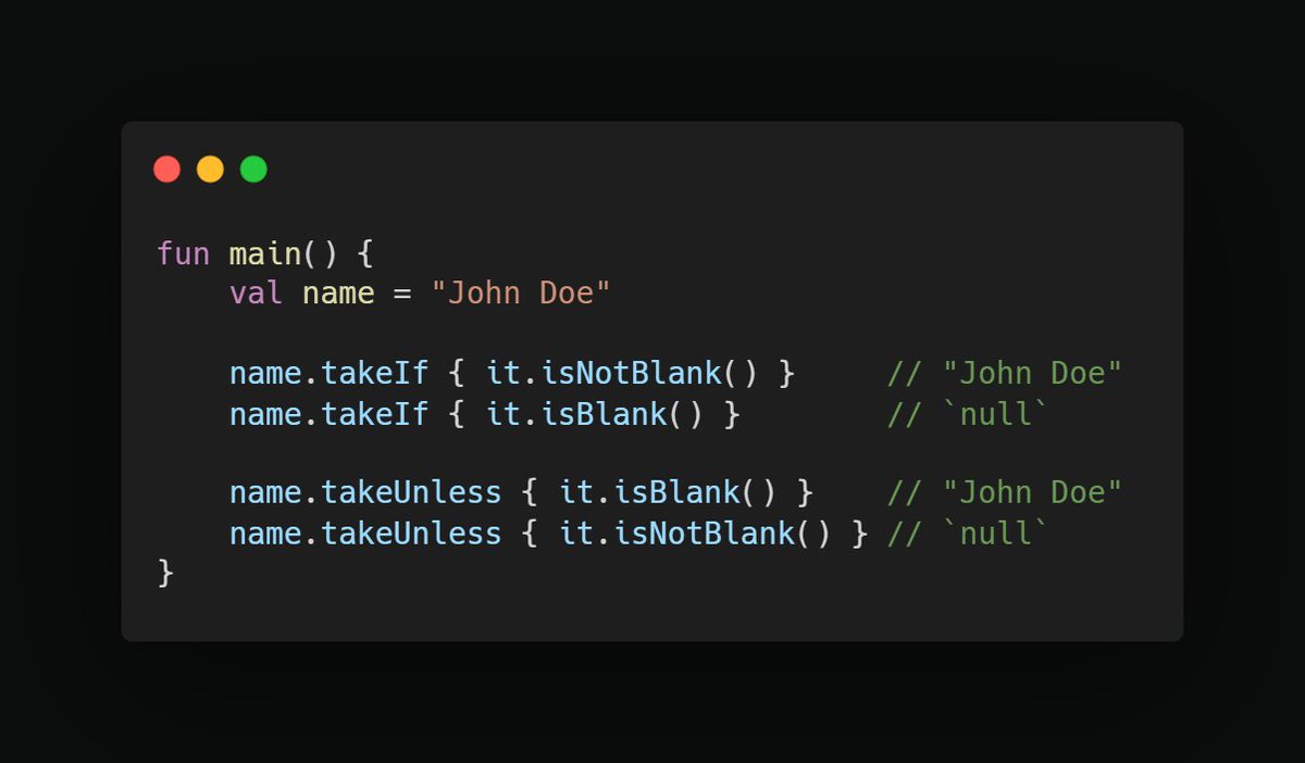 imShreyasPatil's tweet image. #KotlinTip 💡 - takeIf-takeUnless Scope functions

- `takeIf{}` returns this object if it matches the predicate. Otherwise, it returns null.
- `takeUnless{}` returns the object if it doesn&apos;t match the predicate. Otherwise, it returns null.

#kotlin #androiddev #programming