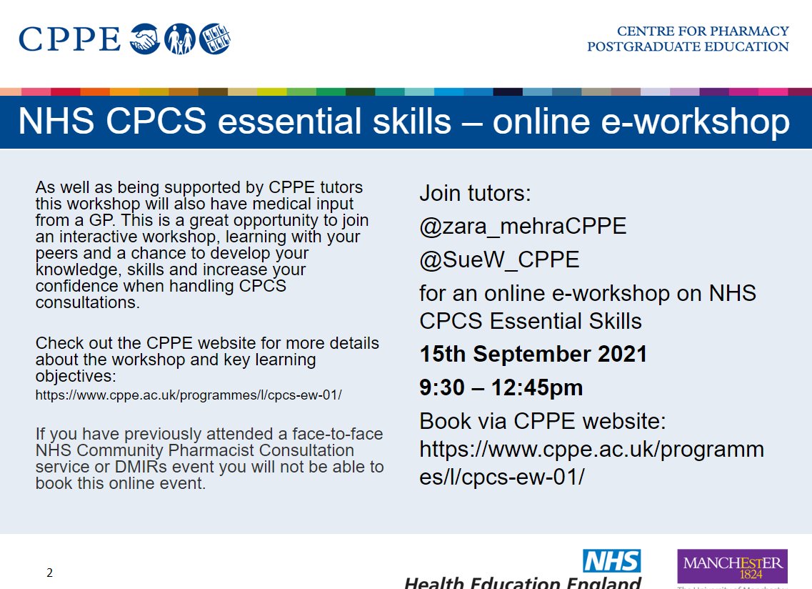 Last few spaces available for our NHS CPCS essential skills workshops taking place in September. Join tutors <a href="/zara_mehraCPPE/">Zara Mehra</a>  and @SueW_CPPE on 14th September cppe.ac.uk/programmes/e/c…