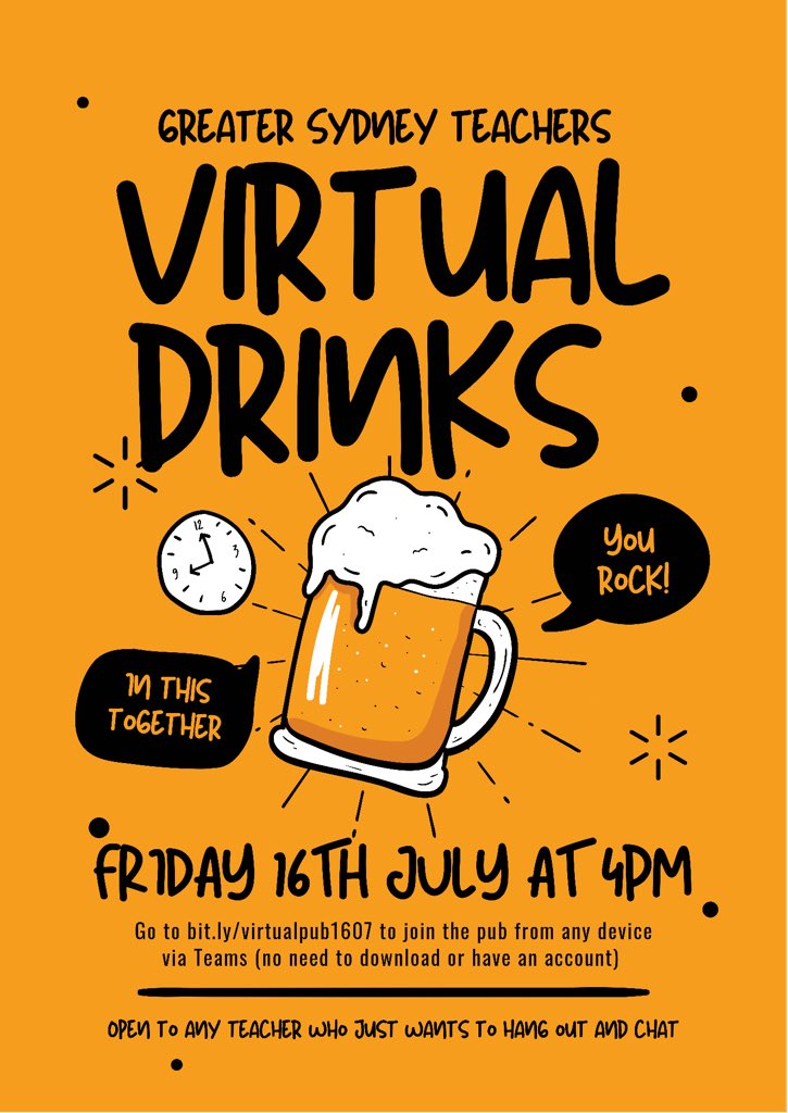 townesy77's tweet photo. Hey there Greater Sydney teachers. You deserve a beverage. Join this virtual catch-up on Friday. No agenda. Just a space to chat and wind down. Join from 4pm Friday at https://t.co/YjSy0ooVHZ Feel free to share. https://t.co/9aFPYifoF9