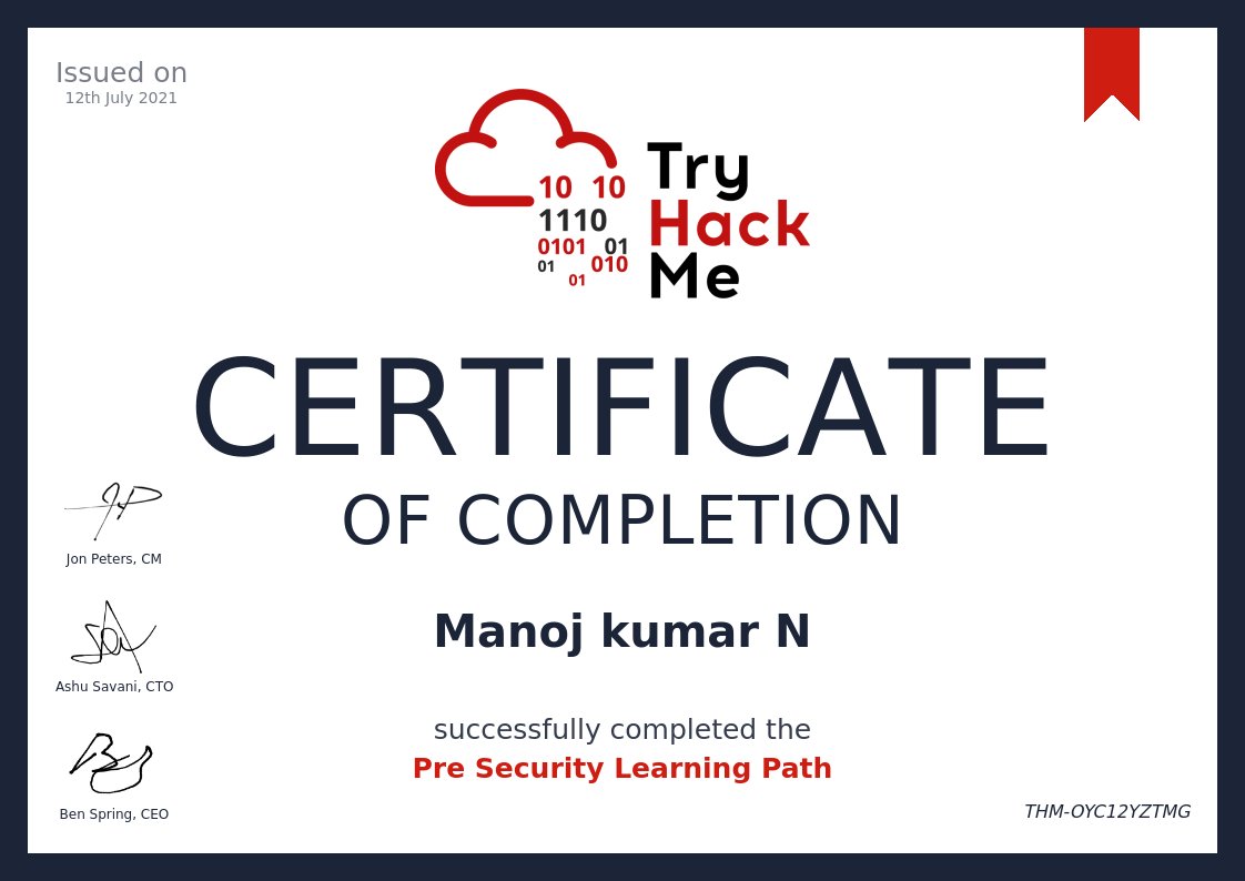 how_manu's tweet image. I have completed the #PreSecurity Learning Path on 
@RealTryHackMe
 A very good resource for those starting out in cybersecurity.
