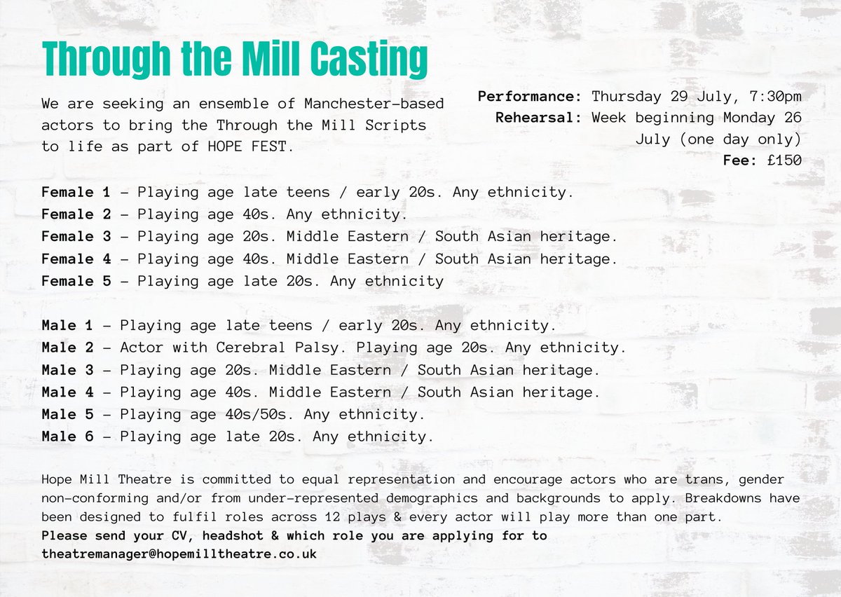 hopemilltheatre's tweet photo. Seeking more submissions for Female 4! Playing age 40s of South Asian / Middle Eastern heritage. Please help us out and tag some friends!
To perform as part of #ThroughTheMill at HOPE FEST ๐
Email: theatremanager@hopemilltheatre.co.uk https://t.co/oM50ZnbjcA