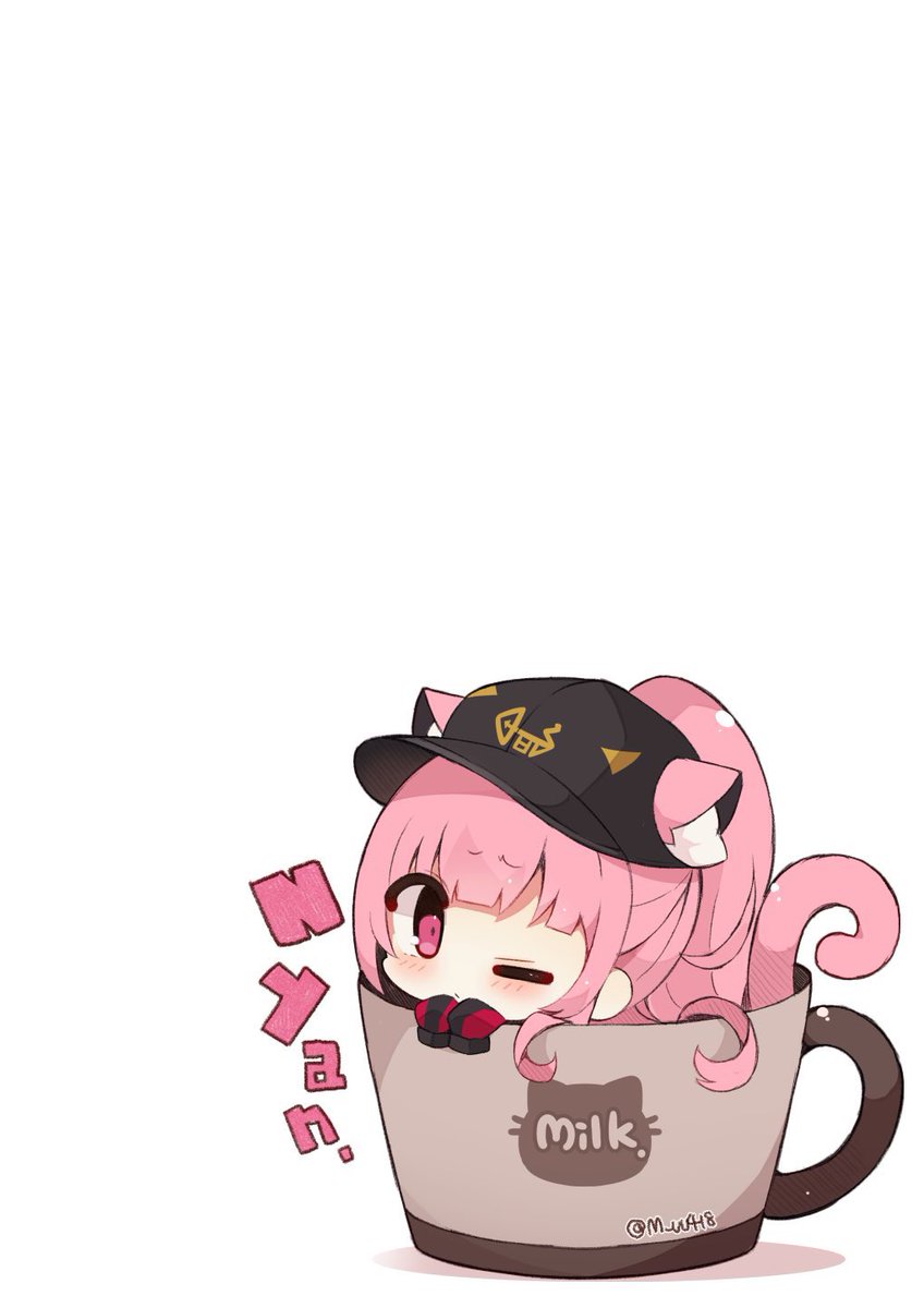 mori calliope 1girl animal ears one eye closed cat ears pink hair tail hat  illustration images