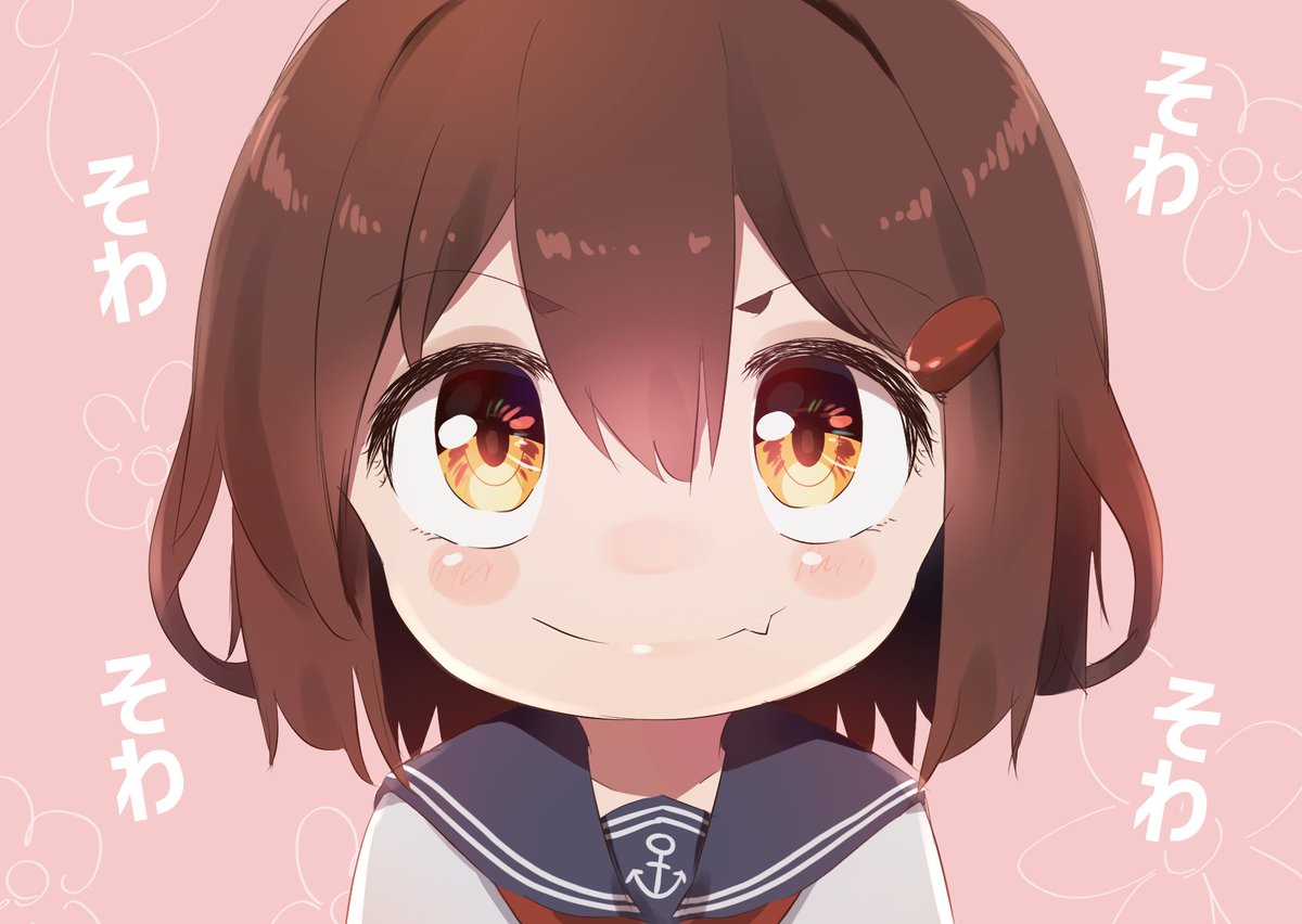 ikazuchi (kancolle) 1girl brown hair solo school uniform fang short hair hairclip  illustration images