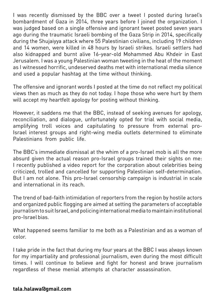 HalawaTala's tweet photo. My statement on my dismissal from the BBC. https://t.co/gWR6tNMfxO