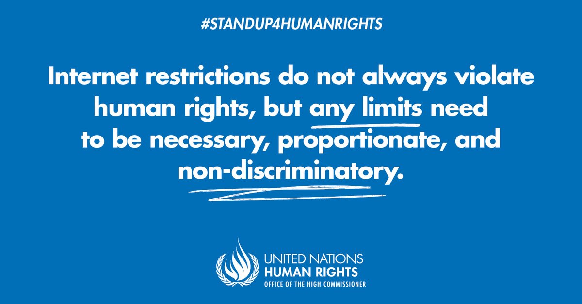 UNHumanRights's tweet photo. Internet shutdowns are the ultimate tool to control online speech. To be proportionate, restrictions should be the “least intrusive” method available, yet we see #internetshutdown  far exceeding any need. https://t.co/NhSyJEB4rm