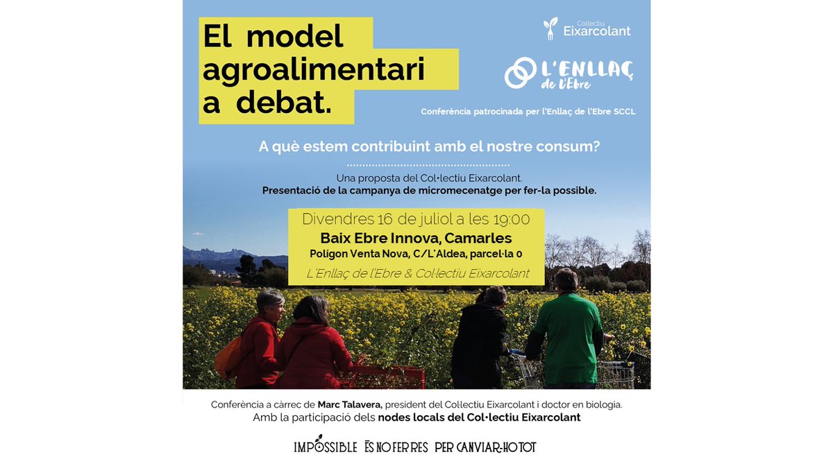 💬 Divendres acollirem la xerrada de presentació de la campanya de micromecenatge del Col·lectiu <a href="/eixarcolant/">Col·lectiu Eixarcolant</a> .

👩‍🌾 Posem sobre la taula la necessitat de construir un nou model agroalimentari.

🍯 A més, tindrem una selecció de productes perquè pugueu fer un petit tast.

#somebre