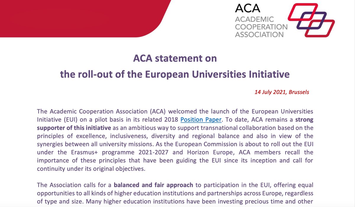 ACASecretariat's tweet photo. Just published @ACASecretariat statement supporting the full #EuropeanUniversitiesInitiative roll-out, w/ a balanced approach to participation &amp; equal opportunities for diverse HEI types &amp; strategic partnerships, including selected alliances &amp; new ones.
👉https://t.co/2x8zb54PDd https://t.co/szyrk6IPkE