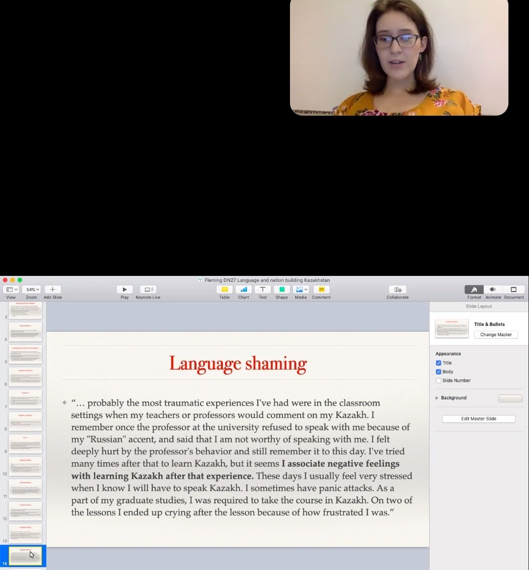 DiscourseNet's tweet photo. Painful experiences of nationalism and shaming in Kazakh language teaching. Great talk by Kara Fleming #DN27 https://t.co/u5E975bAuP