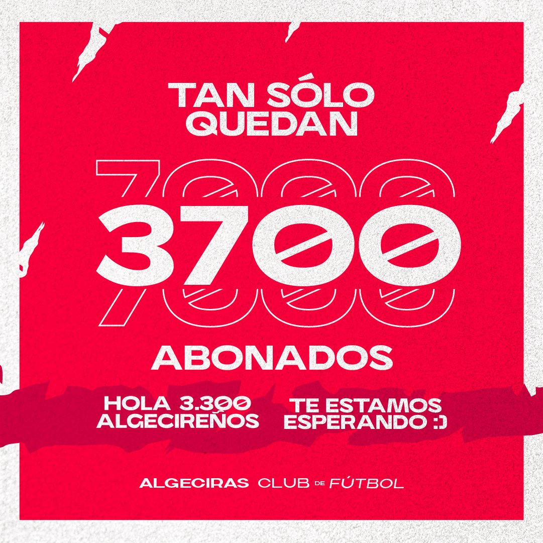 ¡Aún quedan 3.700 abonados para llegar a nuestro objetivo!💪🏽

¿Nos ayudas a conseguirlo?🙌🏼

Consigue tu abono en sólo 2️⃣ minutos algeciras.compralaentrada.com

#a7Milrevoluciones #AlgecirasCF