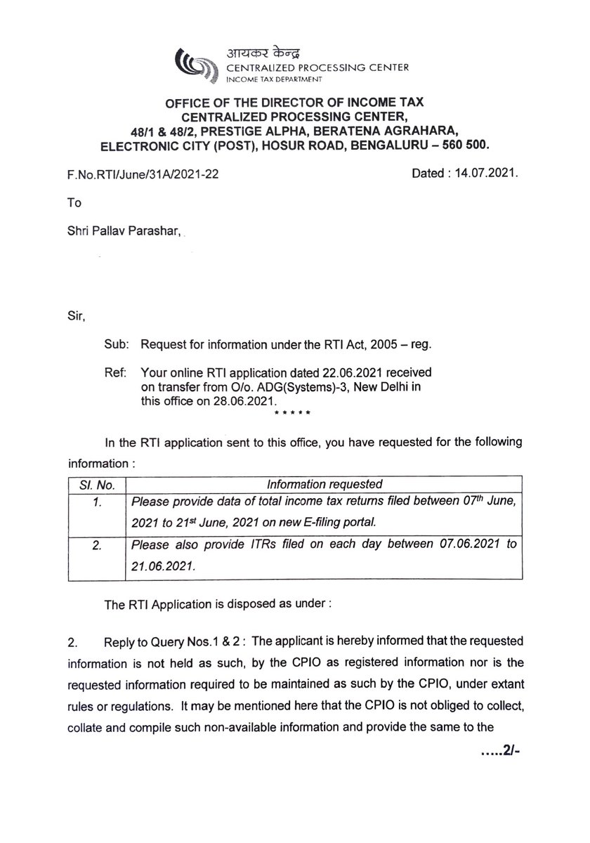 FCAPallav's tweet image. Another Shocker..!!@PMOIndia @FinMinIndia 

I had filed an RTI application against claim made by @infosys that more than1 lakh ITRs were filed till 21st June 2021 on new portal.

In reply,@IncomeTaxIndia has revealed that no such data is being maintained and it is not available.