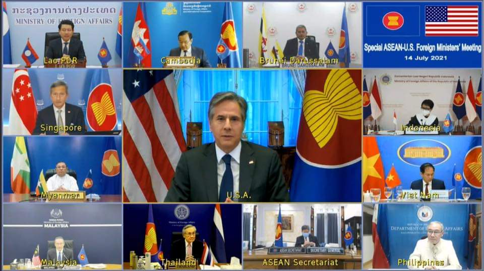 MayWongST's tweet photo. #US @SecBlinken attends special @ASEAN meeting July 14 &amp; sits at virtual table with regional member states including #Myanmar's military-appointed foreign minister Wunna Maung Lwin. US had in early July placed even more #sanctions on Myanmar persons/firms #WhatsHappeningInMyanmar https://t.co/aGHG9UL6gL