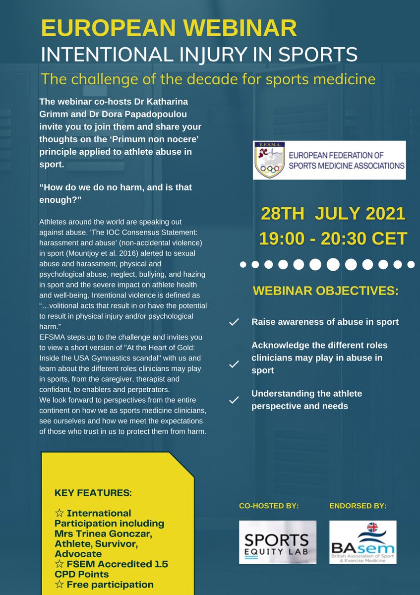 📣EUROPEAN WEBINAR: Intentional injuries in sports — The challenge of the decade for sports European Federation of Sports Medicine Associations

Register for free: bit.ly/3xFBlpb

#freewebinar #sportsmedicine #abuseinsport #sportinjuries #injury #athletes