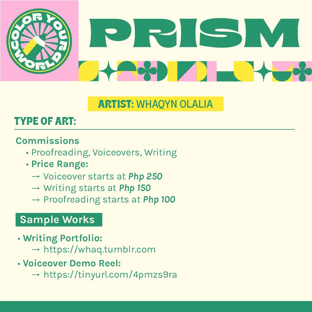 prismcyw's tweet photo. Need proofreading, voice-over, or writing commission? Here's our artist Whaqyn Olalia to provide you the best creative service! 

Writing Portfolio: https://t.co/ZCqHYPrRyK
Voice-over Demo Reel: https://t.co/VktQGoo3AE

🌈 🍄 ☁️ 🧃 ✨ 🧡 https://t.co/u55bbb6WID