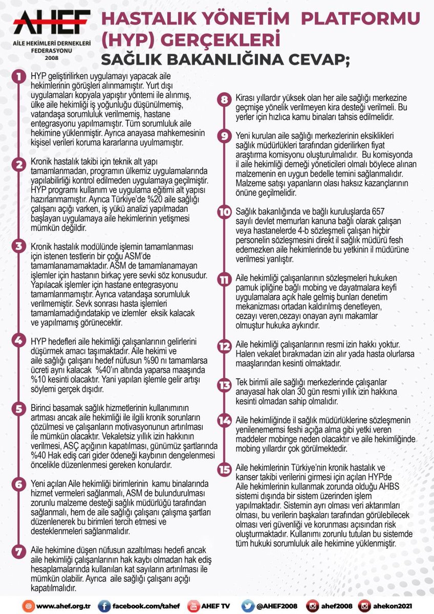 Hastalık Yönetim Platformu Gerçekleri.
<a href="/saglikbakanligi/">T.C. Sağlık Bakanlığı</a> ve <a href="/halksagligigm/">Halk Sağlığı Genel Müdürlüğü</a>; getirmeye çalıştığınız yeni sözleşme ve ödeme yönetmeliğinin bize getirdiği gerçekler aşağıdadır.
<a href="/drfahrettinkoca/">Dr. Fahrettin Koca</a> <a href="/drtolgatolunay/">Tolga TOLUNAY</a>