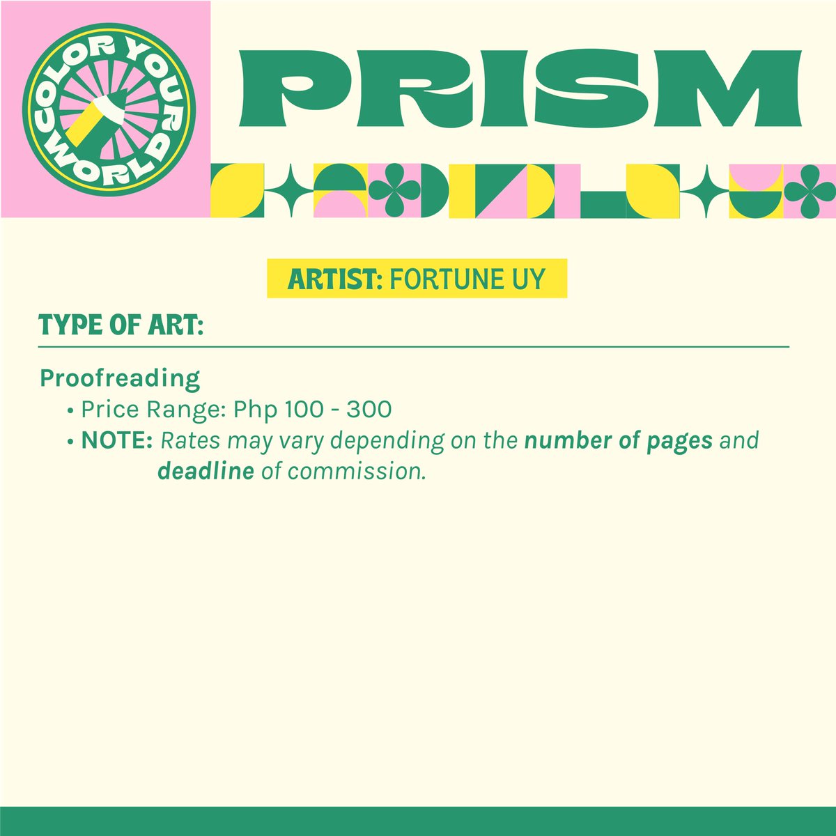 prismcyw's tweet photo. Need proofreading commission? Here's our artist Fortune Uy to provide you the best creative service! 

🌈 🍄 ☁️ 🧃 ✨ 🧡 https://t.co/LL2MQrcRNL