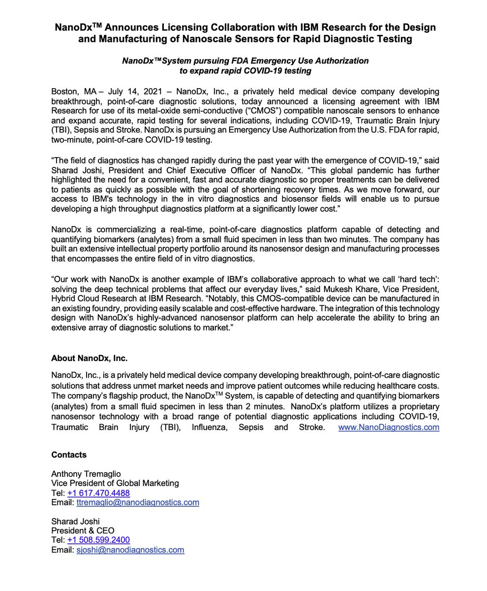 We are excited to announce our licensing collaboration with IBM Research for the design and manufacturing of nanoscale sensors for rapid diagnostic testing. Our collaboration with IBM will help accelerate our ability to bring an extensive array of diagnostic solutions to market.