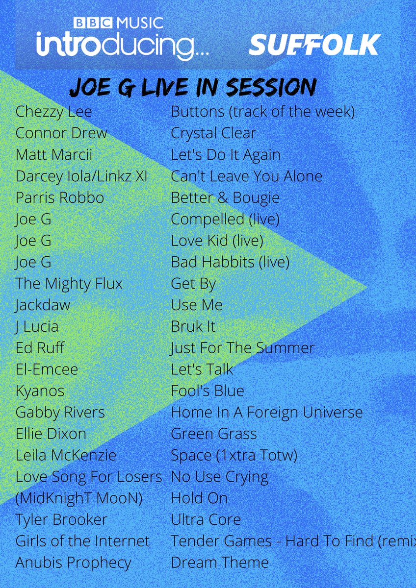 Last week was all about @officialjoeg 3 live tracks and a little catch up aswell! Also put first batch of @LatitudeFest reactions from @riversgabby1 @elmindheartsoul @kyanosbaby bbc.co.uk/sounds/play/p0… Plus tunes from #chezzylee @DrewDoesBeats #mattmarci @DarceyIola