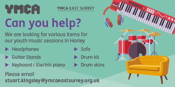 Can you help? We have a fantastic music studio at YMCA Horley Family & Youth Centre and hope to start youth music sessions soon, but we are short on a few items to get this going. Please share far and wide or email stuart.kingsley@ymcaeastsurrey.org.uk if you are able to donate.