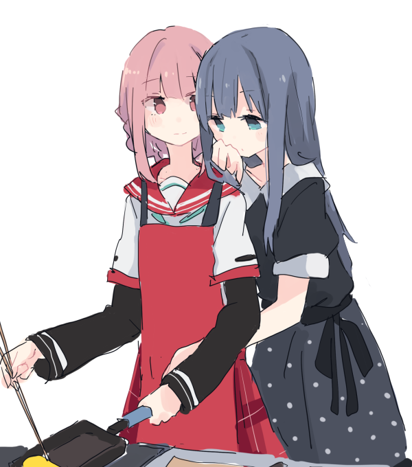 tamaki iroha multiple girls 2girls cooking school uniform blue hair frying pan pink hair  illustration images