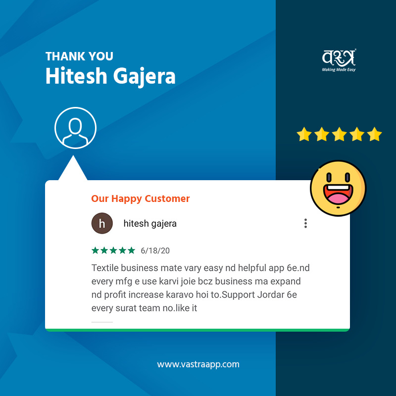 vastraapp's tweet photo. We love nothing more than a happy customer. Thanks Hitesh Gajera for a great review. May your business continue to thrive!
#textilesoftware #mobileapp #surat #ahmedabad #textile #business #apparel #mumbai #cloth #happycustomer #customerfeedback #happycustomers #customerservice https://t.co/U5aeopfR0r