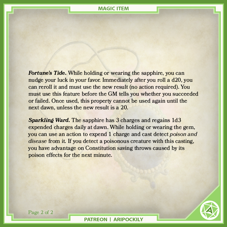 aripockily's tweet photo. New Item - Sapphire of Savvy

💎 A lucky charm for your adventurer.

#dnd #dnd5e #ttrpg
https://t.co/gPcKXHQVR7 https://t.co/xIGVCc9dtv