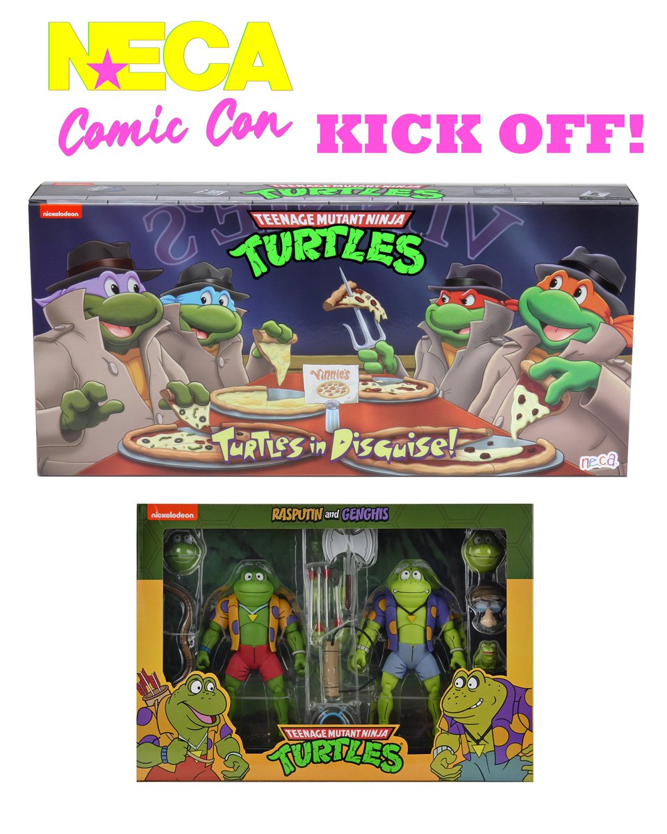 NECA_TOYS's tweet photo. 2 WEEK open pre-order for our "Turtles in Disguise" 4-pack and Rasputin/Genghis Frog 2-pack!
These items are available to preorder NOW for both US and International on https://t.co/36hX1YsUn7 
Thanks! #sdcc #tmnt https://t.co/9YH4y7exGL