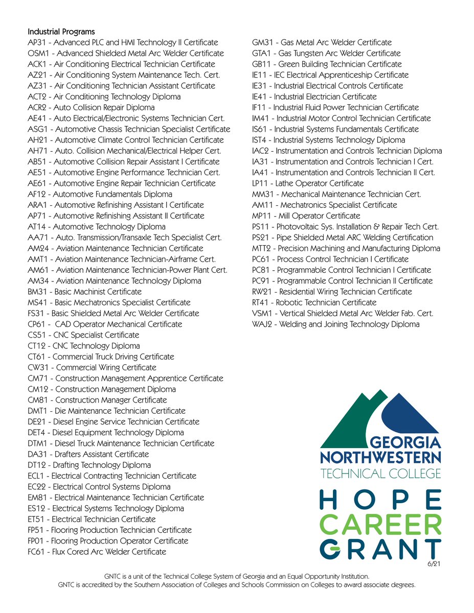 The HOPE Career Grant pays 100% of the cost of tuition for one and two year technical programs of study with the 22 institutions of the Technical College System of Georgia. 

Email finaid@gntc.edu or call 866-983-4682 for more info!