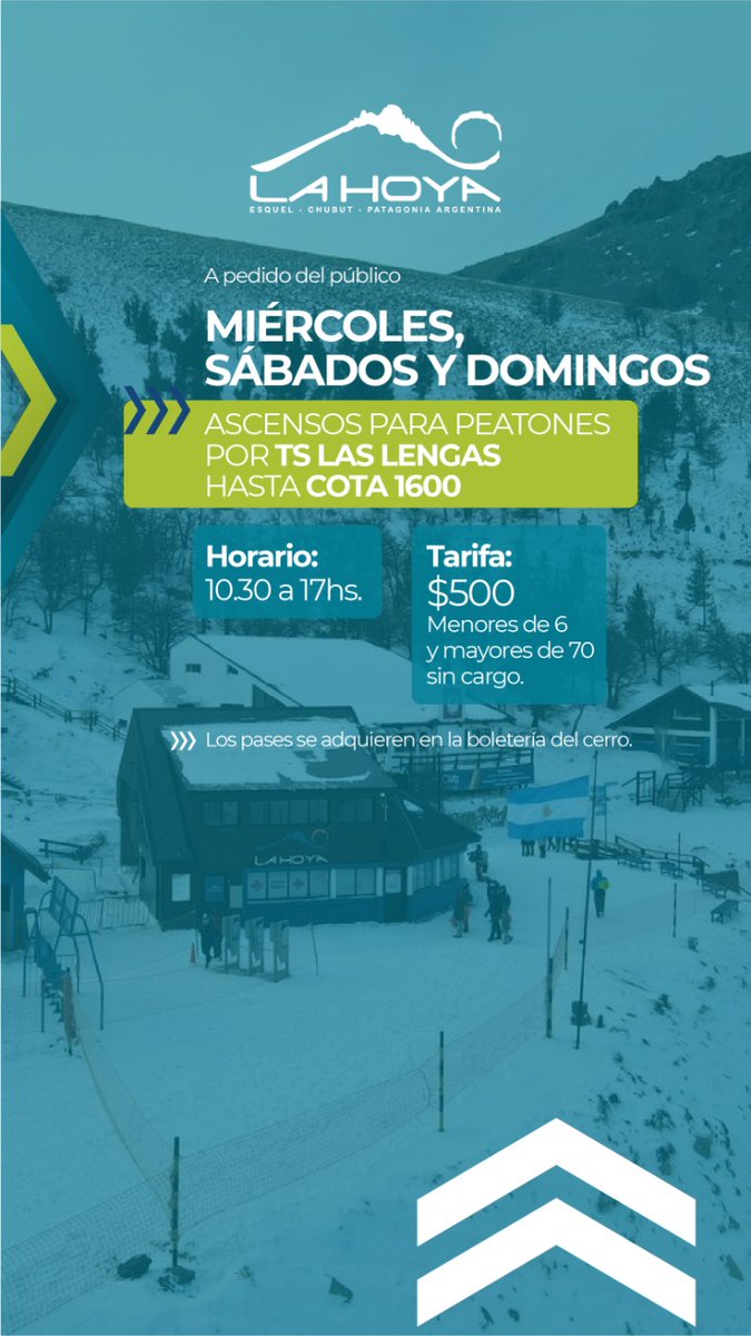 A pedido del público, y porque nos gusta verte en la montaña, a partir de esta semana los miércoles los peatones también podrán subir por TS Las Lengas.

Miércoles, sábados y domingos de 10:30 a 17h con ascensos y gastronomía de montaña.

#LaHoya #Esquel #Chubut #Invierno2021