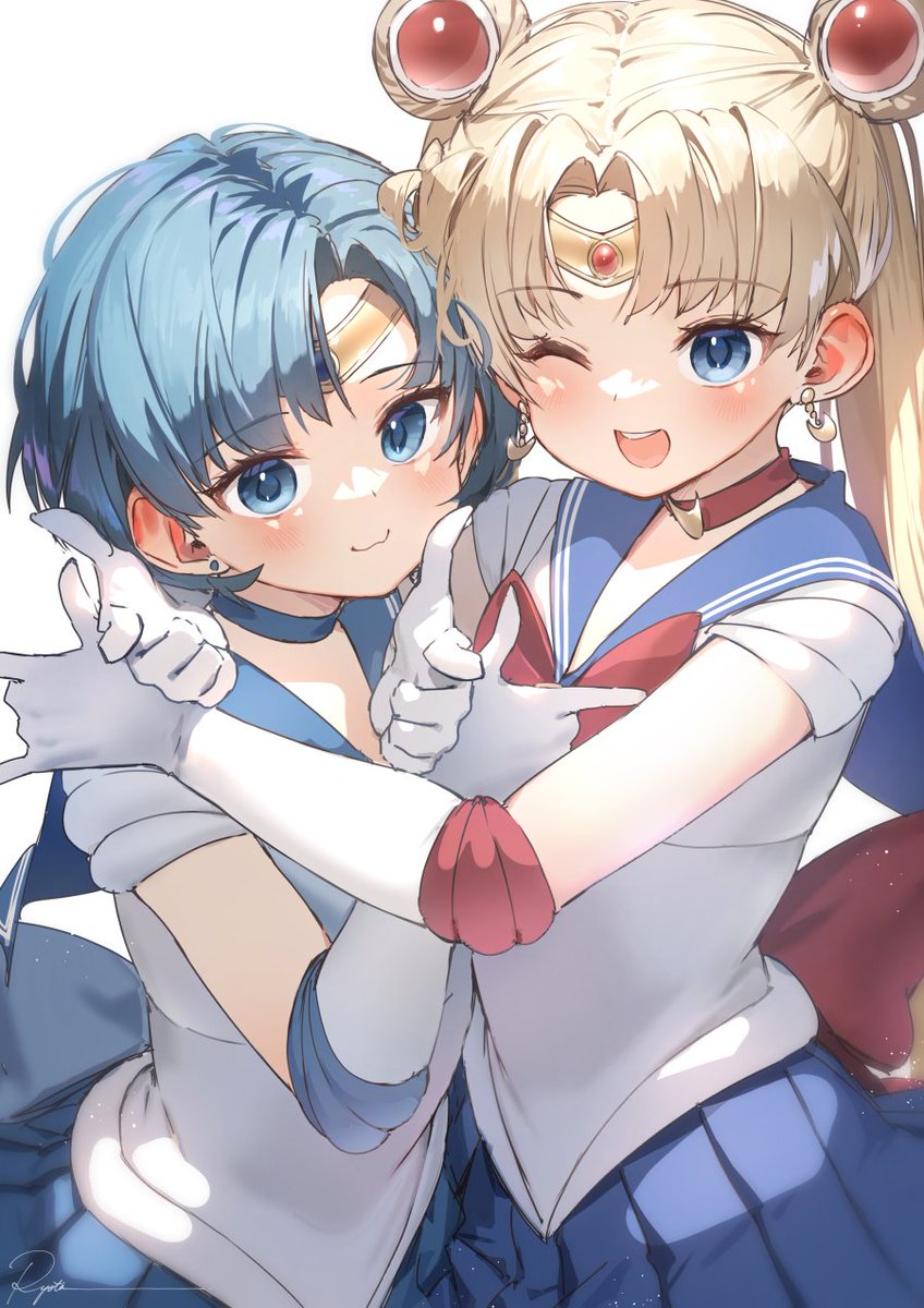 sailor moon ,tsukino usagi multiple girls 2girls sailor senshi uniform blue sailor collar blue eyes one eye closed gloves  illustration images