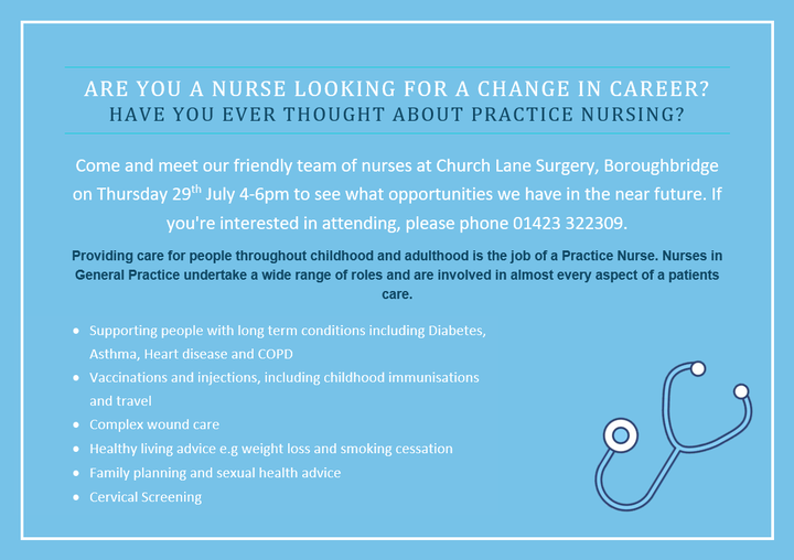 YHNGPFed's tweet photo. Looking to take the next step in your Nursing career? Have you thought about a role in Primary Care? Come and meet us at our open event on Thursday 29th July at Church Lane Surgery, Boroughbridge. #primarycare #practicenurse https://t.co/WbzdLnMLpW