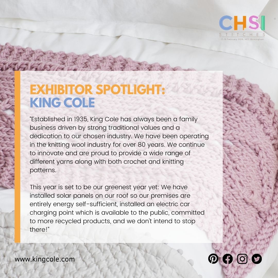 CHSIstitches's tweet photo. ⭐ EXHIBITOR SPOTLIGHT ⭐
#CHSIstitches are so excited to be welcoming @KingColeltd along to Stitches in September. Find out more about the business here 🧶🧵
#Craft #CHSI #CHSI2021 #Wool #KnittingIndustry https://t.co/04pEaUmGAR